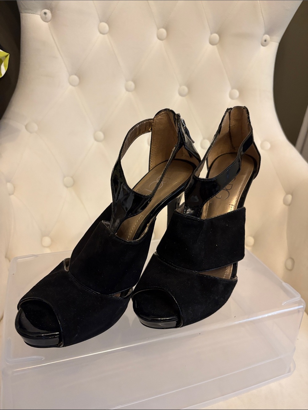 BCBG Black Suede and Patent Leather Peep-Toe Slingback Heels